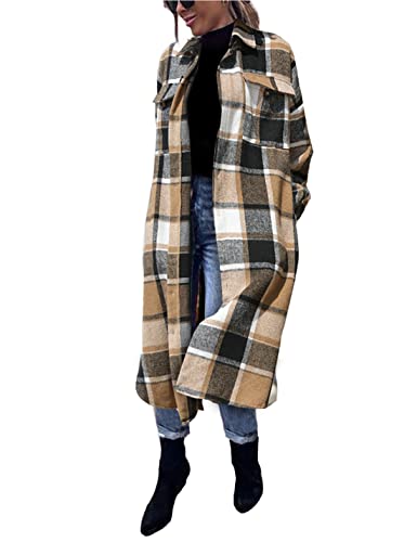 Omoone Women's Thick Woolen Lapel Button Up Long Plaid Shirt Coat Check Maxi Shacket(1799-Brown-L) #TOP7