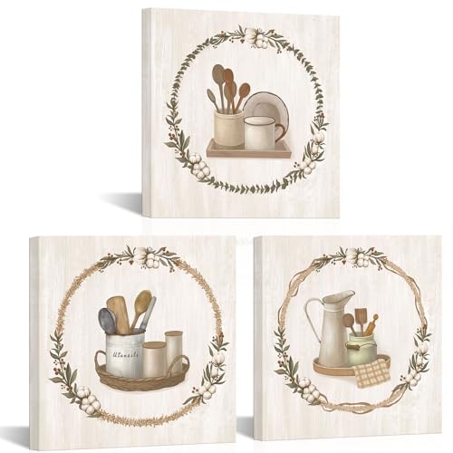 OuElegent Kitchen Canvas Wall Art Beige Cooking Utensils Painting Vintage Tan Kitchen Decor Art Prints for Home Decor Framed 12'x12'x3pcs (Beige)