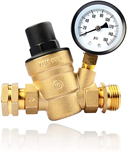 RVGUARD RV Water Pressure Regulator Valve, Brass Lead-Free Adjustable Water Pressure Reducer with Gauge and Inlet Screen Filter for RV Camper Travel Trailer