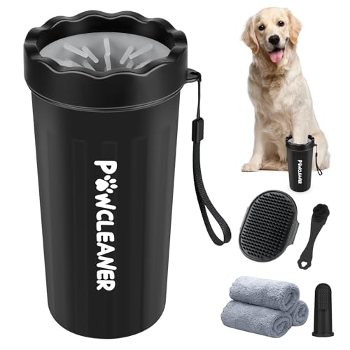 Professional 7 in 1 Dog Paw Cleaner for Dogs & Cats - Includes 1 Portable Paw Washer, 1 Bath Brush, 2 Dog Toothbrushes and 3 Absorbent Towels Note: Fits Paws 2.5 to 3.5 Inches Wide (Large, Black)