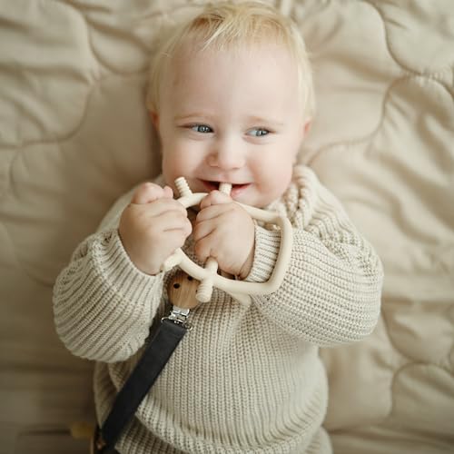 Image of mushie Linen Baby Pacifier Clip Holder (Powder Blue /Deep Sea)