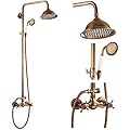 gotonovo Antique Brass Shower System 8 Inch Rainfall Shower Head Handheld Spray Double Cross Handle Bathroom Shower Faucet Wall Mount
