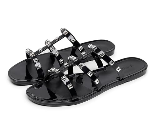 Image of Women Flats Sandals, Studded Jelly Shoes Size 9 Red Dressy Summer Beach Rivets Strappy Jellies Slide Slip On Open Toes