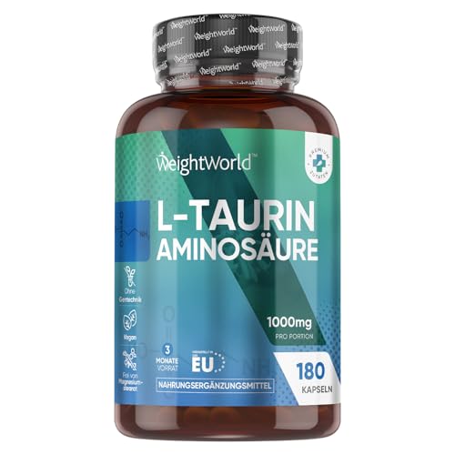 L Taurin Kapseln - 1000mg pro Tag - 180 vegane Aminosäure Kapseln - 2 L-Taurine Amino Acid Capsules - 3 Monate Vorrat - Alternative zu Pulver oder Tabletten - WeightWorld