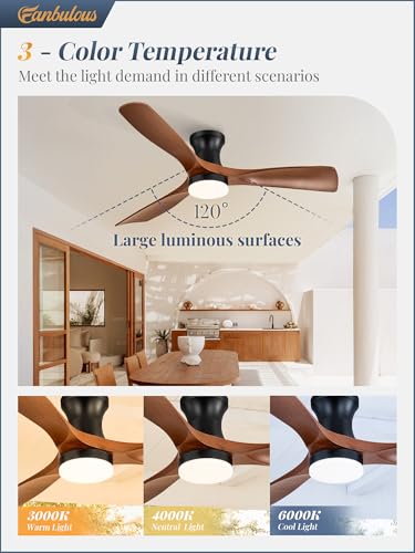 Fanbulous 52 Inch Ceiling Fans with Lights and Remote, 3 Blades Flush Mount Low Profile Ceiling fan, Efficient 3475 CFM, Safe ABS, Timer, Quiet 35dB, 3CCT, Reversible for Bedroom Living Room, Walnut