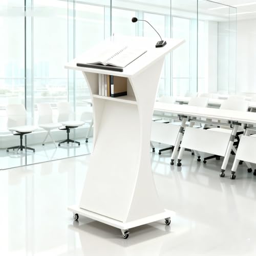 Image of Portable Rolling Wooden Podium Stand with Lockable Wheels, 42.5 inch Height, Lightweight White Lectern for Churches, Presentations & Events, Mobile Pulpit for Easy Use