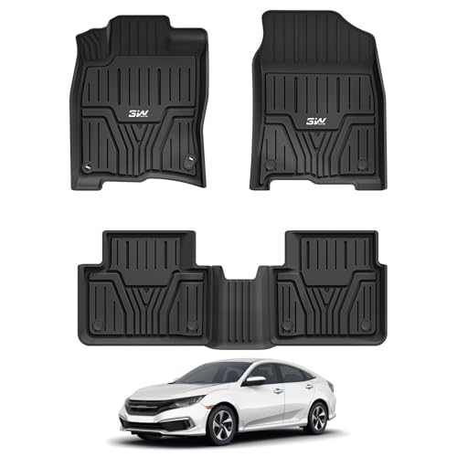 3W Floor Mats Fit for Honda Civic 2016-2021 1st & 2nd Row Set Non-Slip and Odorless All Weather TPE Solid and Flexible Car Liners for Honda Civic Accessories Black Over 10 Years Lifespan Hon