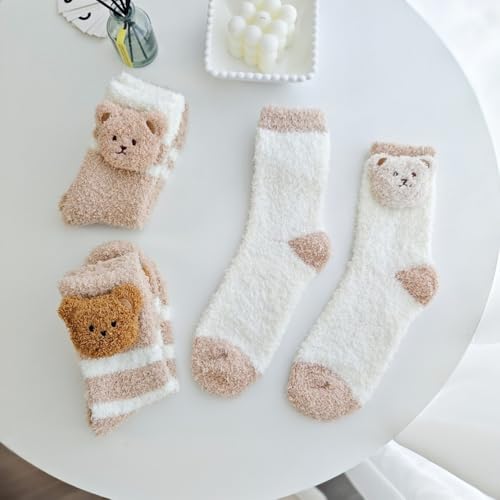 Image of 5 Pairs Fuzzy Socks for Women, Winter Thickening Coral Velvet Cozy Socks, Warm Home Sleeping Socks, Cute Animal Slipper Socks