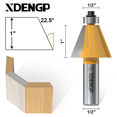 Image of 22.5 Degree Chamfer Router Bit with 1 Inch Cutting Length,1 /2 Inch Shank Carbide Edge Forming Bevel Router Bit with Bearing, Chamfer Bit Miter Angle Milling Cutters Tool
