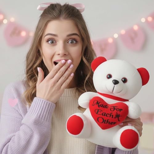 Image of ALVERO Cute Teddy Bear with Heart Cushion, Soft Plush Embroidered Heart Stuffed Toy, Gift for Girlfriend, Wife, Valentine, Anniversary & Birthday 13 x 11 x 20cm (Red & White)