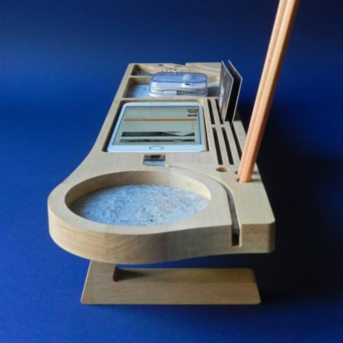 Image of Wooden Desk Organizer with Phone Stand, Multi-Compartment Stationery Holder, Natural Wood Finish (STYLE-2)