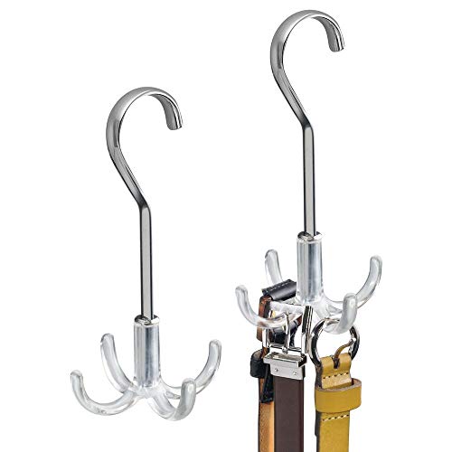 mDesign Juego de 2 organizadores de armarios con 4 ganchos para colgar cada uno – Práctico corbatero y percha para cinturones – Accesorios para armario – plateado/transparente
