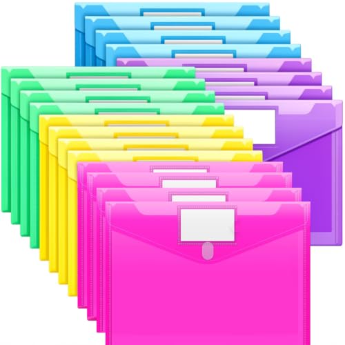 20 Pack Filing Envelopes with Hook& Loop Closure, Translucent Plastic File Folder for Document, Letter A4 Size Poly File Envelopes with Label Pocket for Home School Work Office Organizer, 5 Colors