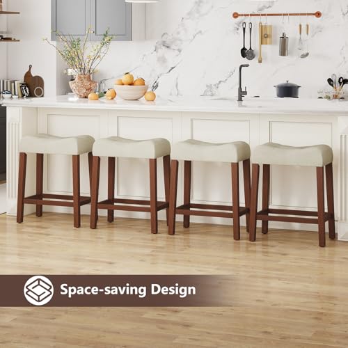 Image of GIANTEX 24 inch Saddle Bar Stools, Farmhouse Button Tufted Barstools | Upholstered Counter Height Backless Bar Chairs with Footrest and Wood Legs for Kitchen Island, Dining Room, Cafe