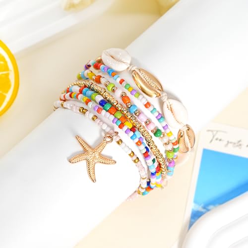 Image of 7 Pack Boho Beaded Shell Anklet Bracelets for Women Colorful Stretch Cowrie Seashell Starfish Ankle Bracelet Stack Adjustable Summer Beach Accessories Cute Hawaiian Jewelry