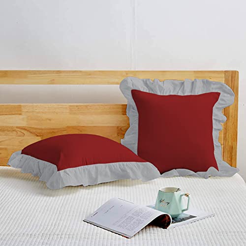 Image of YRM Bedding's Ruffle Beautiful Cushion Cover | Super Soft Elegant Premium Microfiber Frill Cushion Cover Set of 2 (16 inchx16 inch Inches) (Burgundy /Silver Grey)