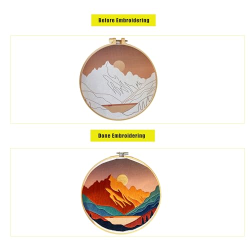 Image of mozhijing Landscape Embroidery Stamped Pattern.Scenery Embroidery Kits for Beginners Adults, Mountains and Lake Stamped Cross Stitch Kits for Beginners (Pattern B)