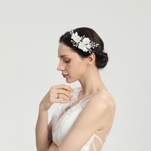 Pinza para cabello con perlas y pedrería White Flowers Rhinestone para adolescente estilo boda miniatura 4