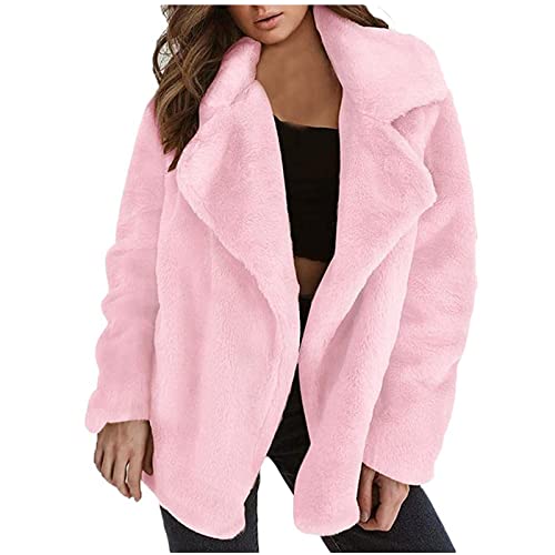 Cbcbtwo Winter Coat for Women Thick Plush Cardigan Coat Long Sleeve Lapel Fluffy Faux Fur Coat Jacket for Warm Winter Pink