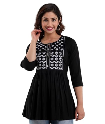 Image of Avayayat Women's Rayon Classic Heavy Embroidery Top with Beautifull Tassels at Front and on Both Sleeves Regular Fit Office Wear Festival Tunic Jeans Summer