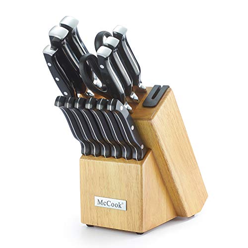 McCook MC26 Knife Sets,14 Pieces Kitchen Knife Block Set with Built-in Sharpener, Black