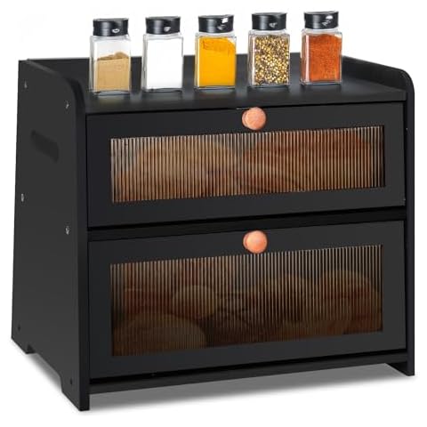Gifhomfix Bamboo Bread Box for Kitchen Countertop, 2 Layer Bread Container for Homemade Bread, Wooden Loaf Bread Storage Bins, Farmhouse Corner Large Capacity Breadbox with Transparent Window Black Cover