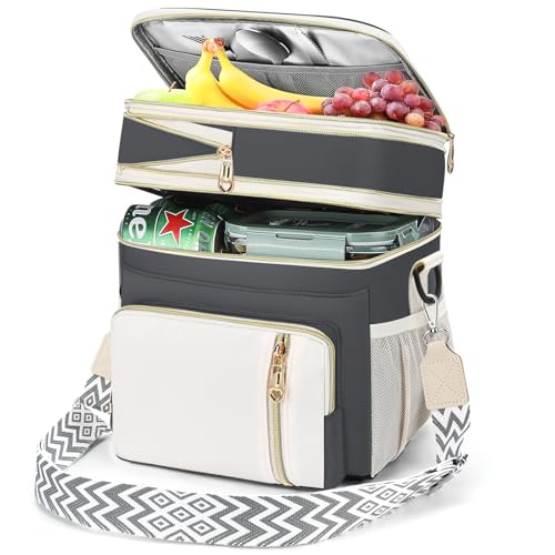 LOKASS Lunch Bag& Lunch Box for Men Women Double Deck,Large Insulated Adult Lunch Box Leakproof Lunchbox Cooler Bag for Work Picnic Beach,（Gray&White）