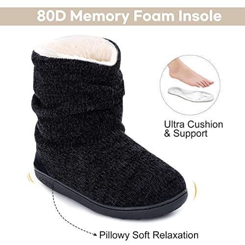 Longbay Women's Chenille Knit Bootie Slippers Cute Plush Fleece Memory Foam House Shoes (Large / 9-10 B(M), Black) #TOP2
