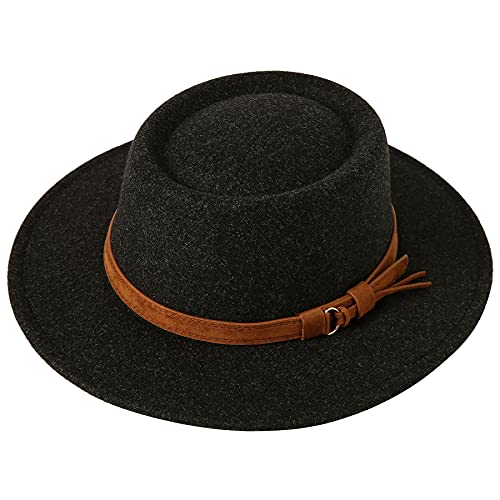 Lanzom Women Retro Felt Panama Hat with Belt Buckle Wool Wide Brim Fedora Hat (A-Black, Medium)