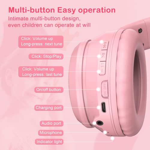 image for SIMGAL Pink Bluetooth Cat Ear Headphones for Kids & Adults, Wireless &