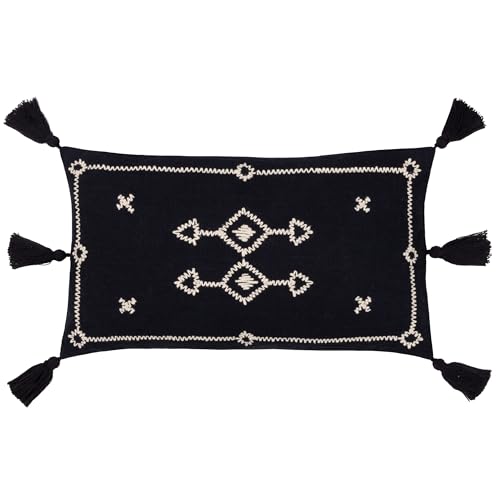 furn. Yard Folis Embroidered Cushion Cover – Global Geometric Embroidered Cotton Tasselled Edges Hidden Zip (Black – 50 x 30 cm)