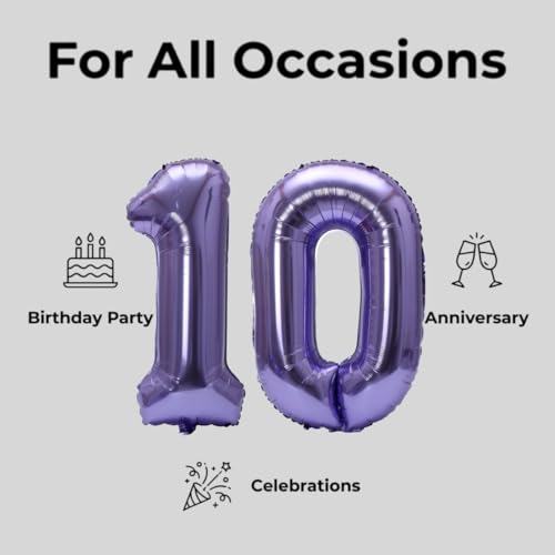 Image of Number 10 Balloon Foil Mylar Balloons for Birthday Party Decoration (Purple, 40 Inch)