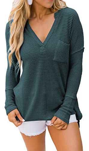 iGENJUN Womens Long Sleeve V Neck Waffle Knit Top Oversized Pullover Sweaters with Pocket,Green,L