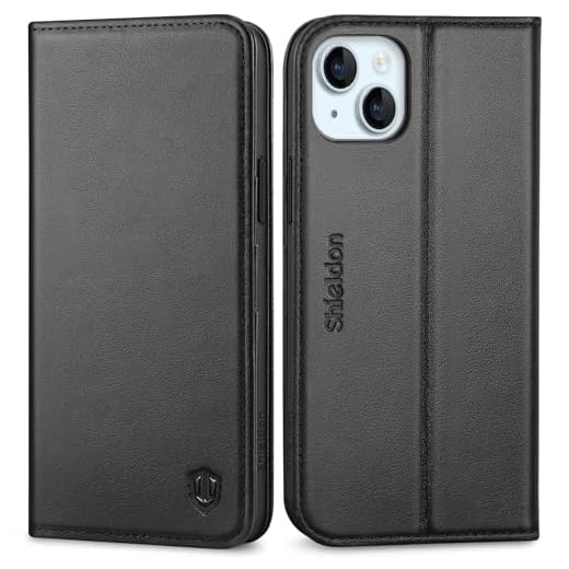 SHIELDON Hülle für iPhone 15 Plus, 5G Handyhülle [Echtleder] [Kartenfach] [Magnet] [Standfunktion] [RFID Blocker], Stoßfest Schutzhülle Lederhülle Kompatibel mit iPhone 15 Plus 6,7" - Schwarz