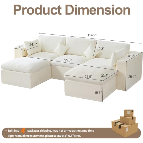 Image of 115'' Cloud Boneless Sectional Couch, Modular Sectional Sofa Deep Seat with 2 Ottomans, Oversized Upholstered Convertible Comfy 5 Seater Chenille Sofa U Shape Couches for Living Room, Beige