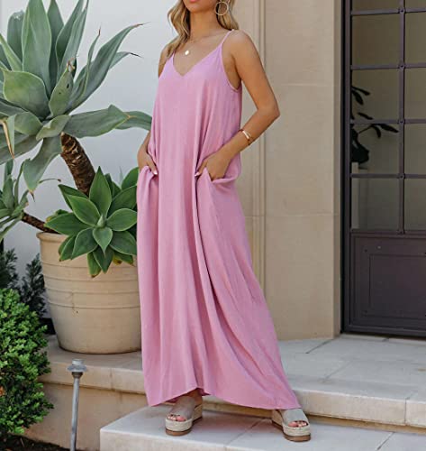 Image of R.Vivimos Women's Summer Casual Adjustable Spaghetti Strap V Neck Boho Loose Fit Backless Maxi Dress with Pockets