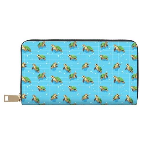 Leather Thin Slim Wallets for Women & Men - Cartoon Turtle Cute Print Card Wallet Holder with Zipper
