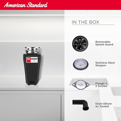 American Standard 10-US-AS-12-SL Garbage Disposal Anti-Jam Stainless Steel Food Waste Grinding System, Slim Line, 1.25 HP, Black