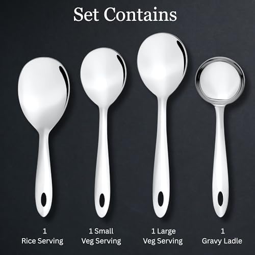 Image of Montavo by FnS 4 Pieces Stainless Steel Serving Spoon Set | 1 Gravy Ladle, 1 Rice Server, 1 Medium Veg Serving Spoon & 1 Small Veg Serving Spoon | Kitchen Serving Tools for Home & Dining
