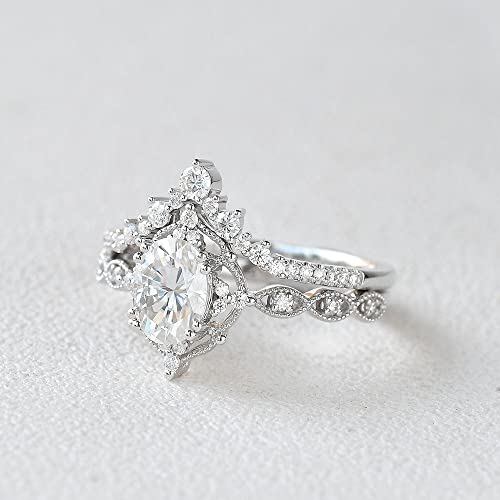 Ydd 925 Sterling Silver 1.5Ct Oval Moissanite Engagement Rings For Women Bridal Set 2Pcs Oval Vine Vintage Inspired V Shaped Wedding Band Anniversary Size 5 #TOP1