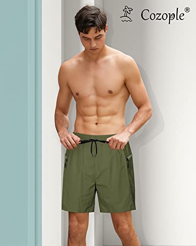 Cozople Mens Swim Trunks With Compression Liner 2 In 1 Quick Dry Swimwear Stretchy Beach Shorts With Zipper Side Pockets Army Green #TOP1