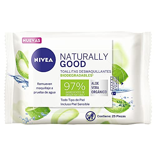 Desmaquillantes, Drugstore NIVEA Toallitas Faciales Desmaquillantes Biodegradables Naturally Good (25 piezas), Enriquecidas con Aloe Vera Orgánico, Remueven maquillaje a prueba de agua,...