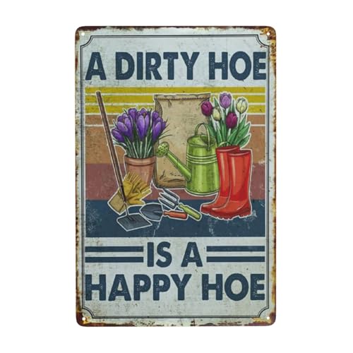 Fun kitchen garden decoration "A Dirty Hoe Happy Hoe" vintage metal wall hanging, ladies' space decorative plaque, 8x12 inches, suitable for garden decoration