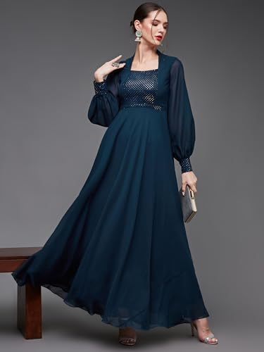 Image of Miss Chase Women's Round Neck Sleeve Embellished Fit Flare Maxi Dress