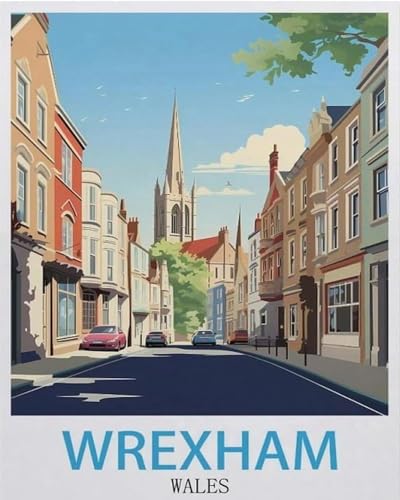 QACEYID DIY Paint by Numbers for Adults Canvas, Wrexham Wales Vintage Travel Poster, DIY Oil...