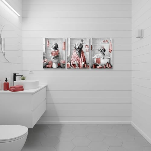 Image of sechars Funny Dogs Bathroom Wall Art Grey and Red Bath Decor Cute Animal Painting Canvas Print (Red)