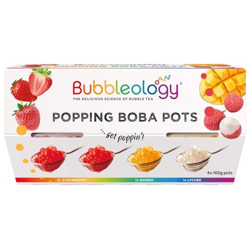 Bubbleology Bubble Tea Popping Boba Pots (4 x 100g) 8 Servings of Bubble Tea Pearls | Contains 3 Flavours of Boba Pearls Including 2x Strawberry 1x Mango 1x Lychee | Tea Gift
