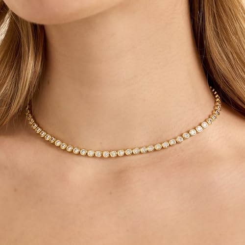 Electric Picks Bezel Tennis Necklace for Women – 14kt Gold Plated Chain with Bezel-Set Stones, Dainty Gold Jewelry, Elegant Statement Necklace for Everyday Layering Accessories - Gift Ready2