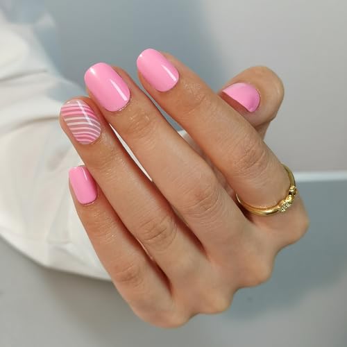 Image of CurvLife Soft Gel Press On Nails Extra Short - 30pcs Full Cover False Pink Ripple Nail Tips Designs, Fake Nail with Nail Glue - Easy Application Nail Accessories for Women