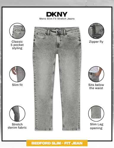 Image of DKNY Bedford Slim Fit Jeans for Men - Tapered Leg Stretch Denim Pants, Classic 5-Pocket Styling | Mens Slim Fit Jeans